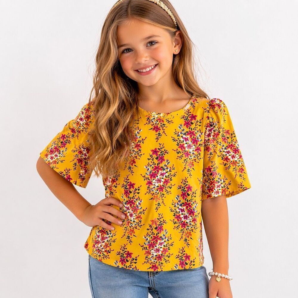 Old Navy Girls Yellow Floral Top 6/7 Flutter Sleeve Rayon Boho Spring Summer